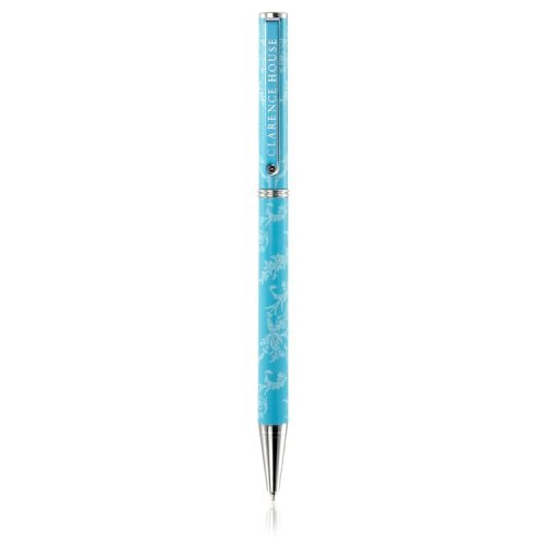 Blue pen with pale blue floral decoration. Top of pen has 'Clarence House' written and is finished with silver. 