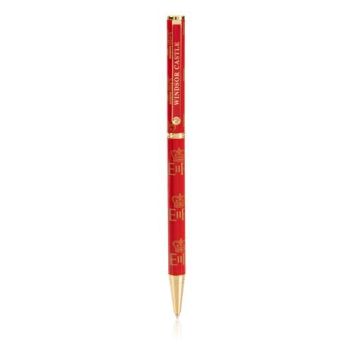 red ballpoint pen with the words 'WIndsor Castle' and EIIR printed around the pen in gold