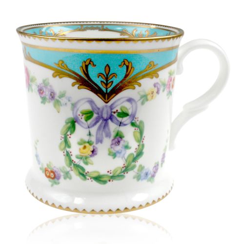 Great Exhibition fine bone china tankard with a design featuring gold plated rims, gold decorative and pastel coloured floral patterns. 