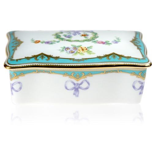 Great Exhibition fine bone china pillbox with a design featuring gold plated rims, gold decorative and pastel coloured floral patterns. 