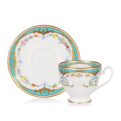 Great Exhibition fine bone china teacup and saucer with a design featuring gold plated rims, gold decorative and pastel coloured floral patterns on both parts.