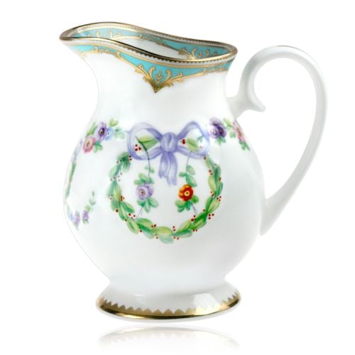Great Exhibition fine bone china cream jug with a design featuring gold plated rims, gold decorative and pastel coloured floral patterns. 