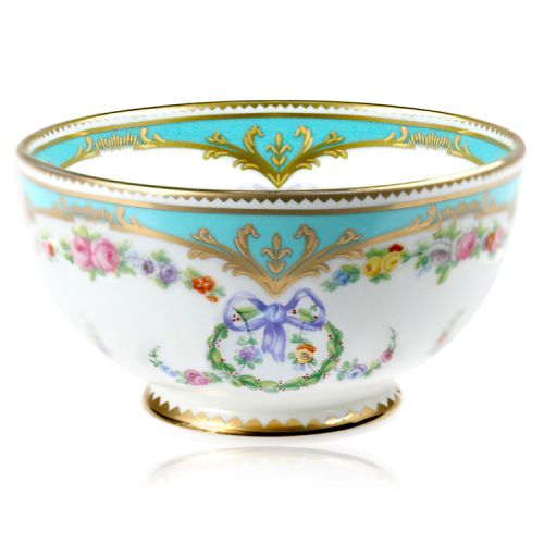 Great Exhibition fine bone china sugar bowl with a design featuring gold plated rims, gold decorative and pastel coloured floral patterns. 