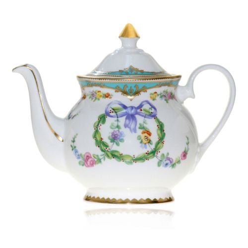 Great Exhibition fine bone china tea pot with a design featuring gold plated rims, gold decorative and pastel coloured floral patterns. 