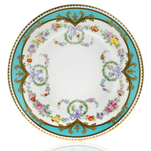 Great Exhibition fine bone china side plate with a design featuring gold plated rims, gold decorative and pastel coloured floral patterns. 