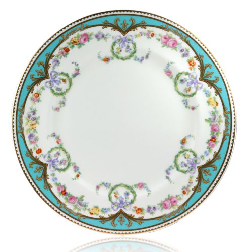 Great Exhibition fine bone china dinner plate with a design featuring gold plated rims, gold decorative and pastel coloured floral patterns. 