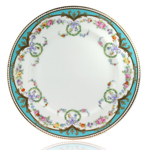 Great Exhibition fine bone china dinner plate with a design featuring gold plated rims, gold decorative and pastel coloured floral patterns. 