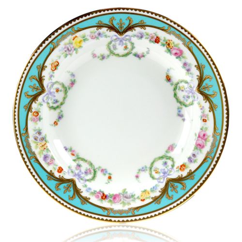 Great Exhibition fine bone china soup plate with a design featuring gold plated rims, gold decorative and pastel coloured floral patterns. 