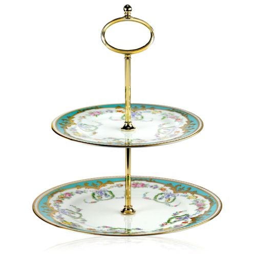 Great Exhibition fine bone china two tier cake stand with a design featuring gold plated rims, a gold plated metal handle and gold decorative and pastel coloured floral patterns. 