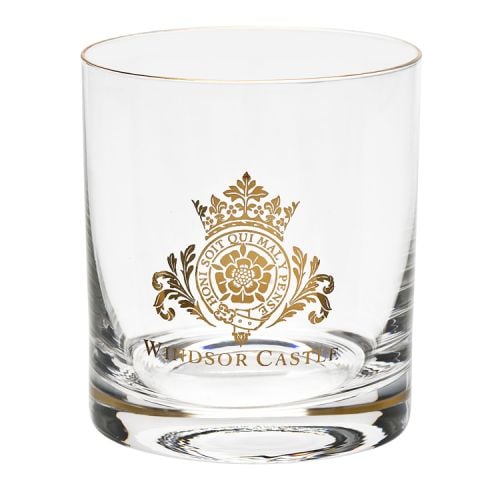 Royal Windsor Castle tumbler with a decorative Order of the Garter inspired sign topped with a gold crown.