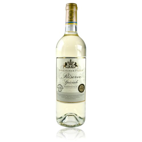glass bottle of white wine with a 'Buckingham Palace' label