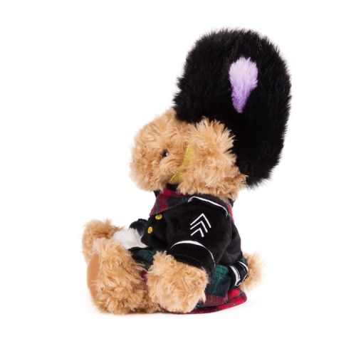 Royal Scottish Piper Teddy Bear plush toy for children featuring a uniform and bearskin hat inspired on The Queen's piper. 