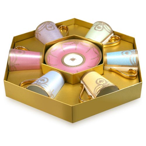 The full Imperial Russian cup and saucer set displayed in a gift box with a design featuring gilded borders and ornated gold patterns in 6 individual pastel coloured backgrounds. Green, yellow, turquoise, pink, blue and purple. 