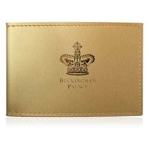 Buckingham Palace gold card wallet featuring a logo of the royal state crown with the words Buckingham Palace written under.  