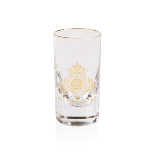 Clear tot glass with 22 carat gold Windsor Castle crest on the front