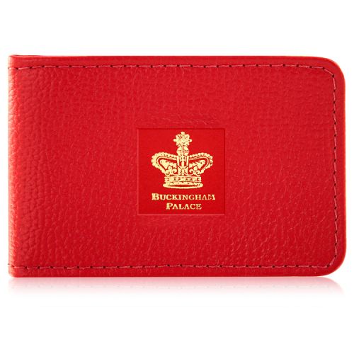 red leather card holder with a gold crown printed on the front with the words 'Buckingham Palace'