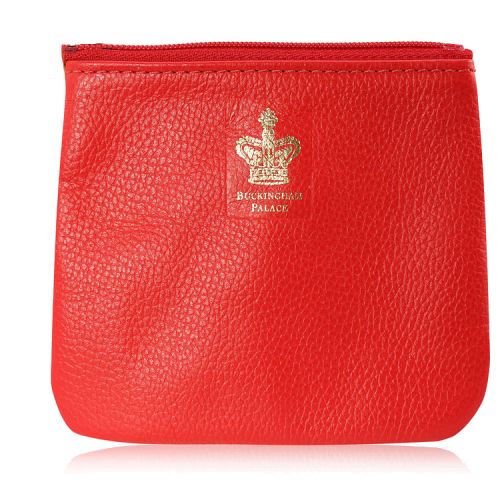 Buckingham Palace red leather coin purse featuring a gold crown print with the words Buckingham Palace writen below. 