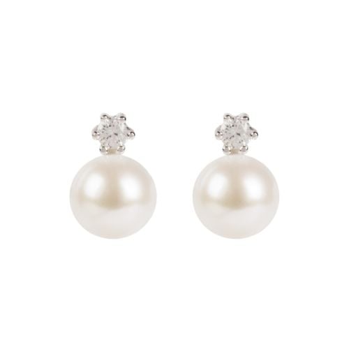 A pair of pearl stud earrings with a diamante attached to the top of the pearl