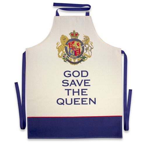 Buckingham Palace cotton apron featuring the words God Save The Queen written below the royal coat of arms 