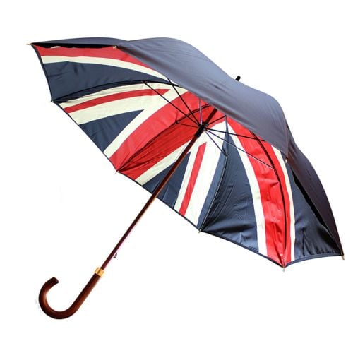 Union Flag walking stick umbrella, Buckingham Palace branded with a double lining which includes a navy blue outer lining and a Union Flag printed inner lining.  