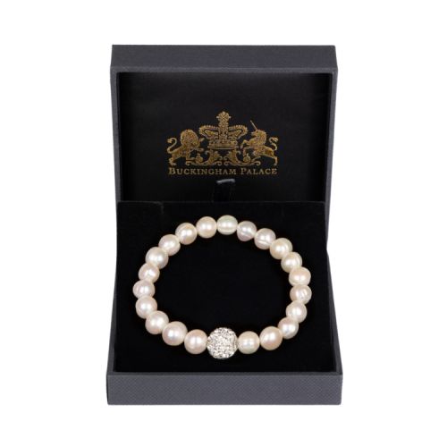 Buckingham Palace real white pearl bracelet with a crystal embeded cluster. 