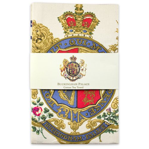 Buckingham Palace cotton tea towel featuring the words God Save The Queen written below the royal coat of arms.