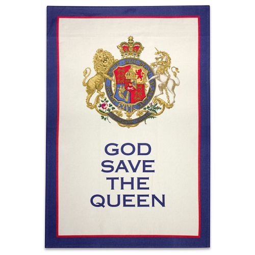 Buckingham Palace cotton tea towel featuring the words God Save The Queen written below the royal coat of arms.