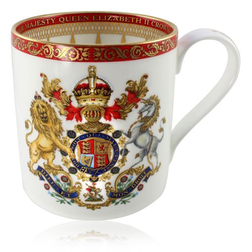 The official commemorative Coronation English fine bone china coffee mug with a design featuring a royal coat of arms cicled by gold ornamental features on a red background border