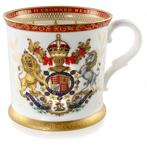 The official commemorative Coronation English fine bone china tankard with a design featuring a royal coat of arms cicled by gold ornamental features on a red background border. 