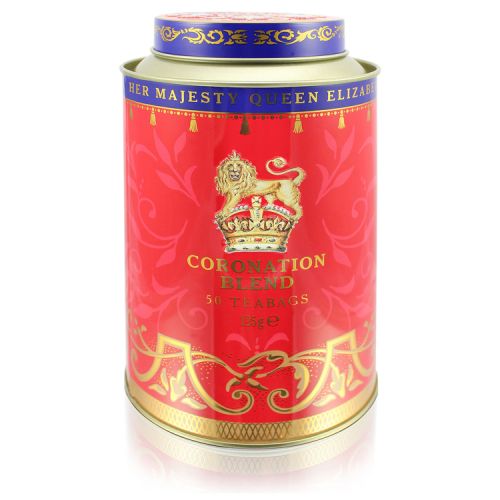 Coronation Tea caddy featuring the lion and unicorn royal coat of arms surrounded by gold ornamental features on a red background. Contains 50 tea bags and is Commemorative of Her Majesty The Queen's Coronation day. 