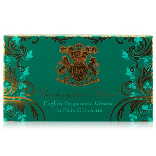 Buckingham Palace English handmade Peppermint Creams in Plain Chocolate box containing 14 individually wrapped chocolates. 