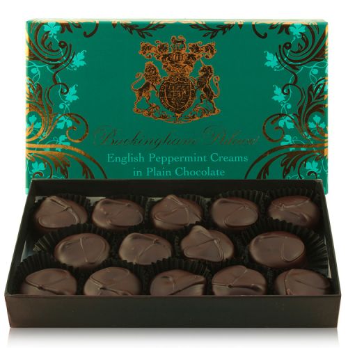 Buckingham Palace English handmade Peppermint Creams in Plain Chocolate box containing 14 individually wrapped chocolates. 