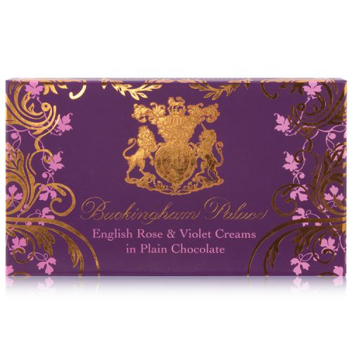 Buckingham Palace branded English rose and violet creams displayed in a ornate gift box and containing 17 individually wrapped chocolates. 