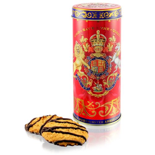 Coronation chocolate layered biscuit tin featuring the lion and unicorn royal coat of arms surrounded by gold ornamental patterns on a red background. Commemorative of Her Majesty The Queen's Coronation day.