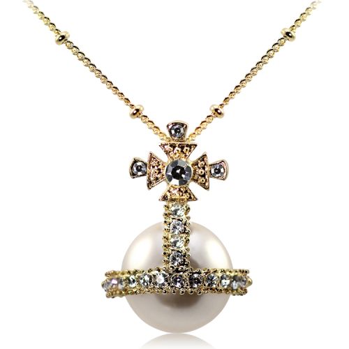 Royal Orb pendant necklace featuring a pearl sphere surmounted by a crystal embeded cross and a gold plated chain. 