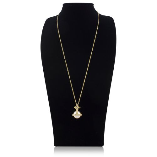 Royal Orb pendant necklace featuring a pearl sphere surmounted by a crystal embeded cross and a gold plated chain. 