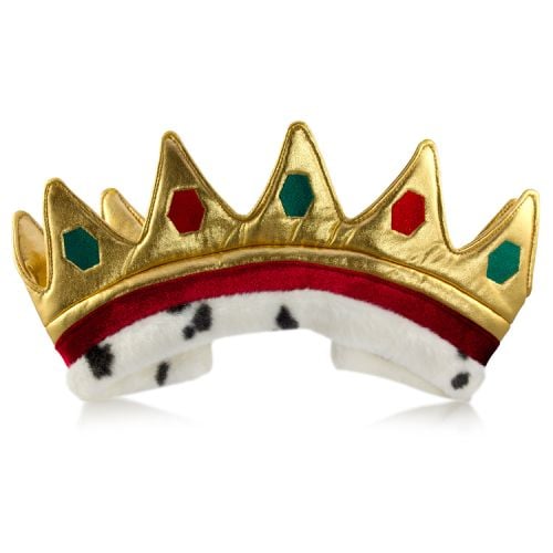 Buckingham palace gold dress up crown featuring adorned gold fabric spikes and a burgundy and white velvet band with adjustable velcro tight. 