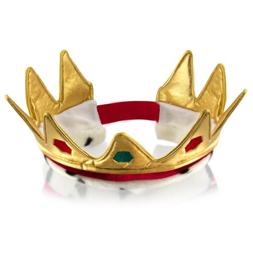 Buckingham palace gold dress up crown featuring adorned gold fabric spikes and a burgundy and white velvet band with adjustable velcro tight. 