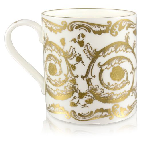 Victoria and Albert English fine bone china coffee mug featuring the ciphers of Queen Victoria and Prince Albert surmounted by a royal crown and surrounded by intricately ornated gold patterns.