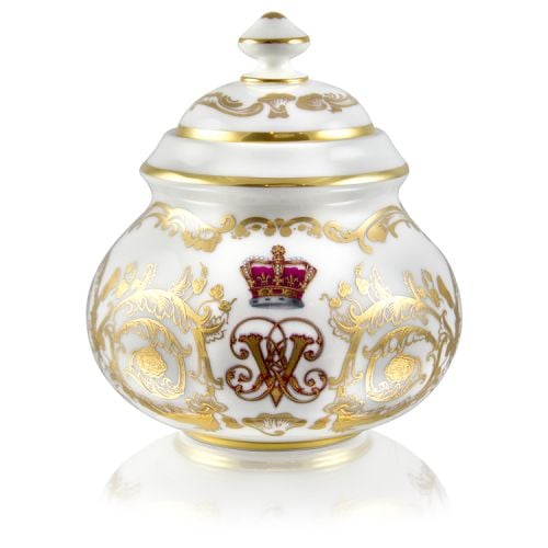Victoria and Albert English fine bone china sugar bowl featuring the ciphers of Queen Victoria and Prince Albert surmounted by a royal crown and surrounded by intricately ornated gold patterns.