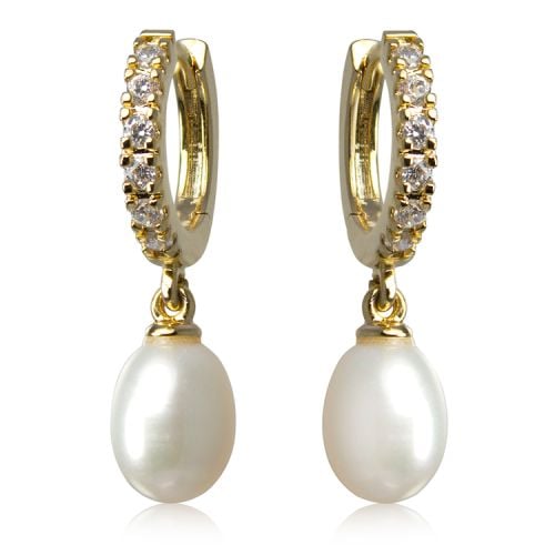 Gold crystal and white pearl drop earrings featuring a gold plated clasp with embedded crystals. 