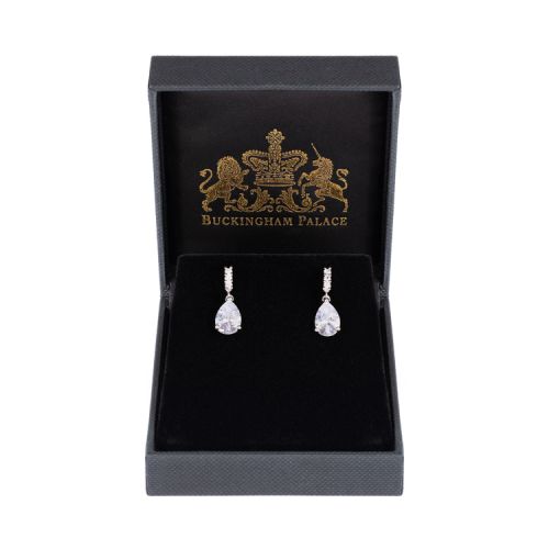 Royal Collection Crystal drop earrings featuring sprakling crystals embedded on palladium base metal. 