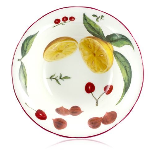 Chelsea Porcelain Cereal Bowl with a design featuring botanical patterns on the inner and outer side. 