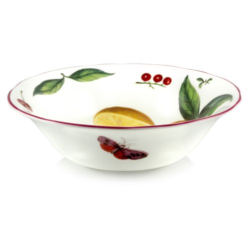 Chelsea Porcelain Cereal Bowl with a design featuring botanical patterns on the inner and outer side. 