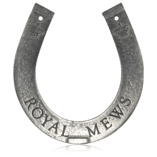 Royal Mews metal horseshoe with the words Buckingham Palace and royal crowns engraved on the back side and Royal Mews engraved on the front side. 