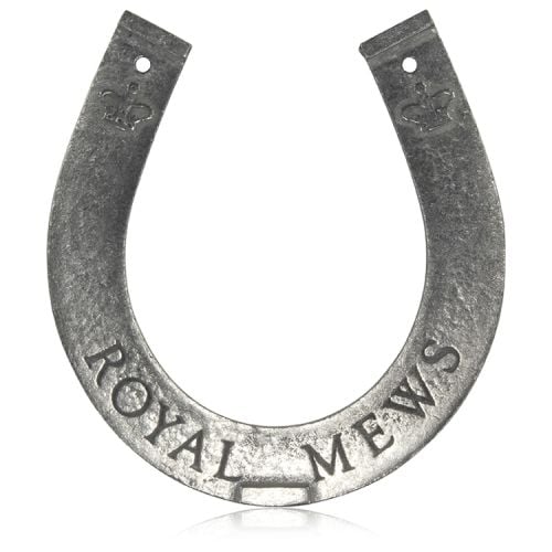 Royal Mews metal horseshoe with the words Buckingham Palace and royal crowns engraved on the back side and Royal Mews engraved on the front side. 