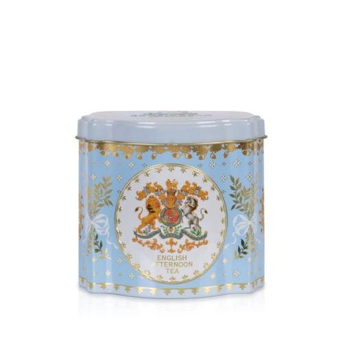 Blue tin tea caddy decorated with the Royal Coat of Arms, a crown, foliage with ribbons and a touch of gold.