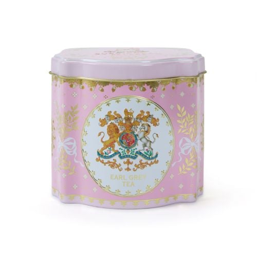 Decorative pink tin containing Earl Grey tea  decorated with the Royal Coat of Arms crest.