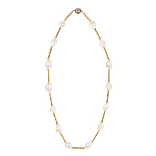 A necklace with alternating gold tubes and pearl with a magnet clasp