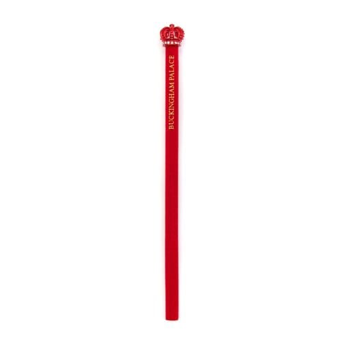 Red velvet pencil with red crown topper. Stamped with gold text 'Buckingham Palace'. 